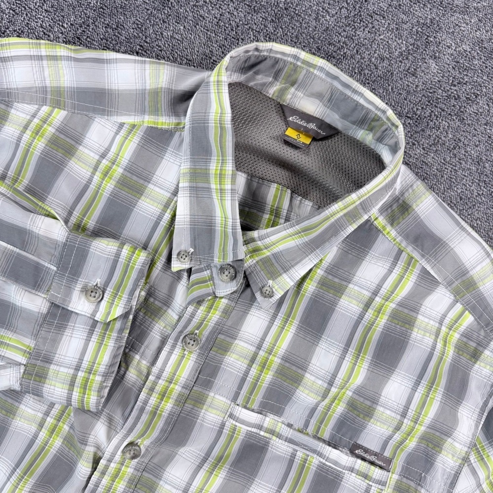 Eddie Bauer Mens Plaid Long Sleeve Button Down Shirt Grey Green Size M Hiking